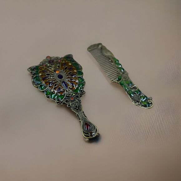 Vintage Style Butterfly Peacock Vanity Mirror & Comb Set Jeweled Enamel - Picture 2 of 5